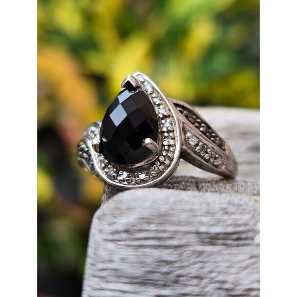 Vintage Solid Sterling Silver Emerald Cut Teardrop/Pear Black Onyx Ring, Sz 6.75 - Picture 4 of 8